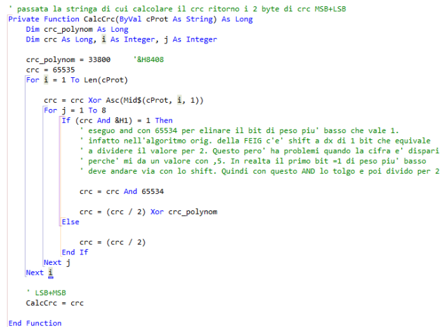 Calcolo del CRC per il protocollo FEIG - VB.NET